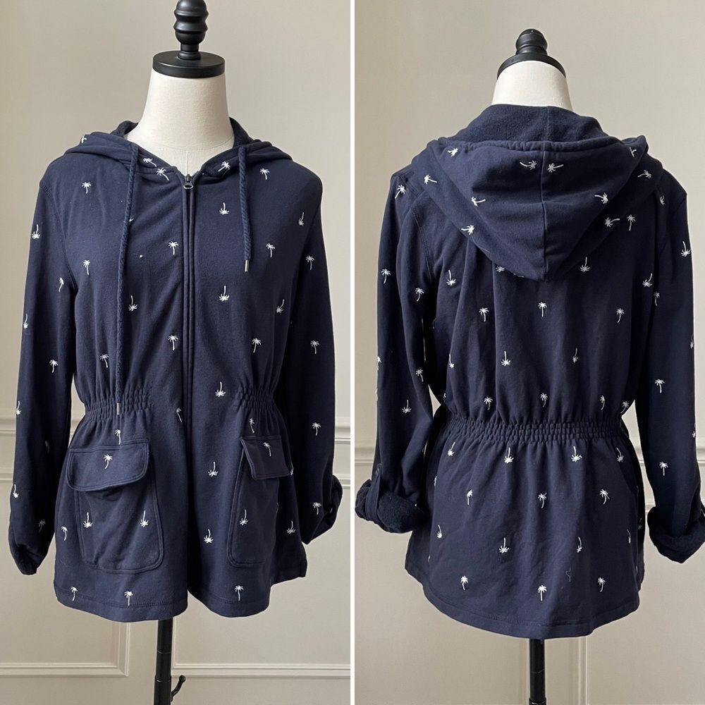 Talbots French Terry Palm Tree Embroidered Full Zip Hoodie Navy Blue M Petite